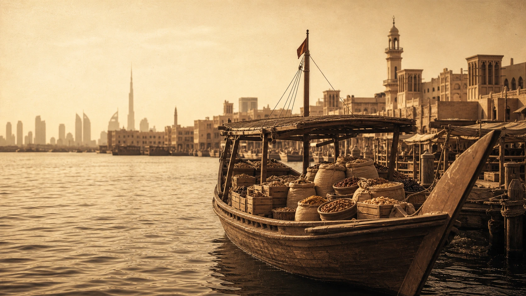 Trading boat and city skyline